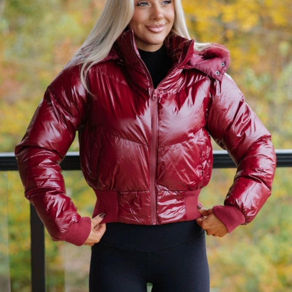These Three - Women's Burgundy Puffer Jacket - Picture 3 of 9